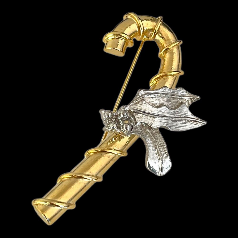 Vintage 1980s Candy Cane Brooch Gold Tone Silver Accent Pin - 2A